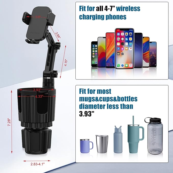 2 in 1 Auto-Clamping Cup Phone Holder for Car, 15W Fast Wireless Charging Cup Holder Phone Mount with Type-C Cable, Adjustable Car Cup Expander for Large Bottles