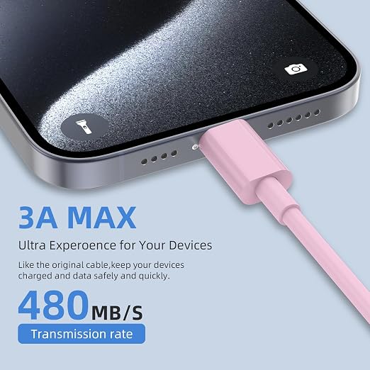 2Pack 6FT USB to USB C Cable for iPhone 17 16 15 Charger Cord, for Apple 17 16 15 Pro/Pro Max/Plus Type C Cord, for iPad Pro 12.9/11, Air 5th/4th Gen, Car Carplay Charging Cable for Android(Pink)