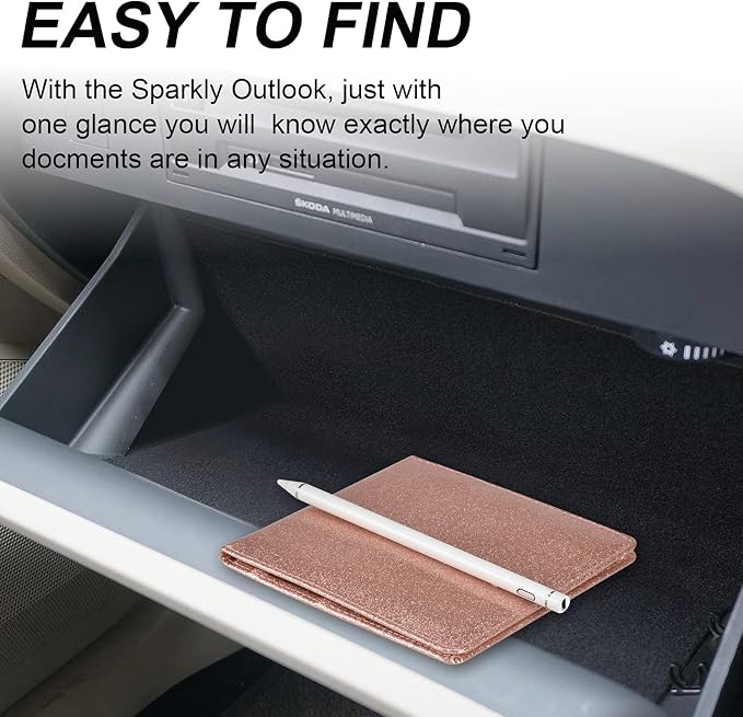 Car Registration and Insurance Holder, Vehicle Glove Box Car Organizer Men Women Wallet Accessories Case for Cards, Essential Document, Driver License, Bling Rose Gold