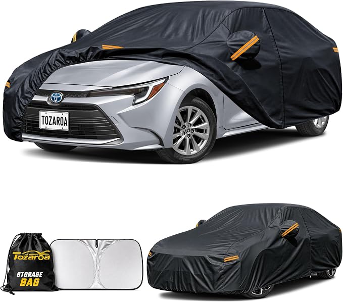 Car Cover Custom Fit for Toyota Corolla Waterproof All Weather,Outdoor Full Exterior Automobiles Snow Covers with Windshield Sun Shade & Breathable Vents,Driver Door Zipper & Storage Bag Black