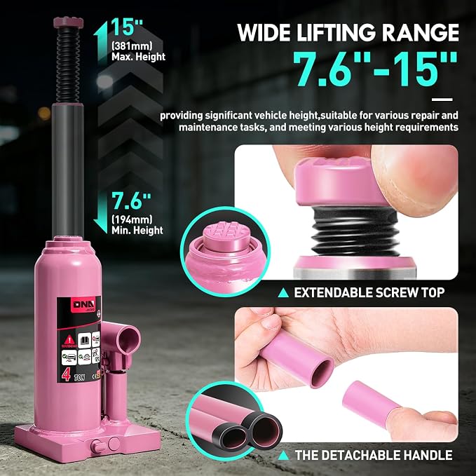 4 Ton / 8000 lbs Lifting Automotive Welded Hydraulic Bottle Jack for Car SUV Pickup, Auto Repair, with Manual Handle & Carrying Storage Case, Pink