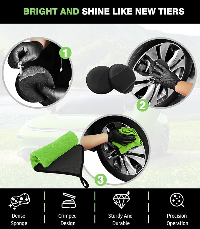 8PCS Ultimate Wheel and Tire Brush Kit | 2-Size 360° Bendable Rim Brushes, Boar Hair Detailing Brush, Tire Shine Applicators & Microfiber Towel | Complete Scratch-Free Cleaning & Shining Set