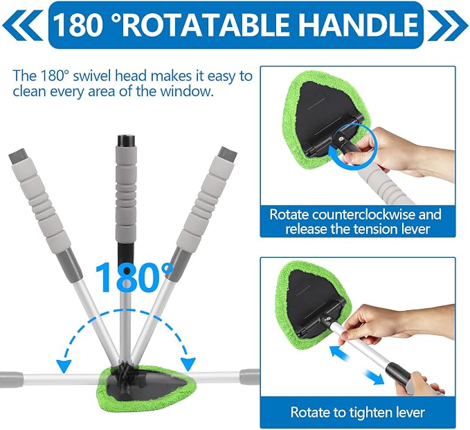 Car Windshield Cleaning Tool, Car Windshield Window Cleaner, Auto Window Glass Cleaning Kit with Extendable Handle & Reusable Microfiber Pad & Spray Bottle, Universal Car Accessories (Green)