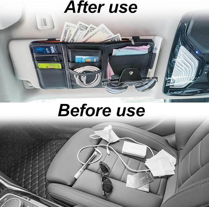 2Pcs Car Sun Visor Organizer, Auto Interior Accessories Pocket Organizer Car Visor Storage Pouch Holder with Zipper Pocket for Sedan, Truck, SUV - Black