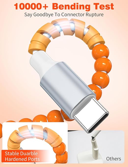 USB A to USB C Cable 6FT,Beaded Phone Charger Cord for iPhone 17 16 Pro Max 16e 15 Car Play,Type C Cute Car Charger Charging Cord for iPad 10 11/Samsung S26 S25 Ultra/Pixel/Android Girls Women,Orange