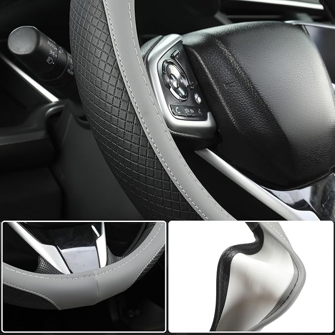 Customized Auto Car Steering Wheel Cover for Honda Accord Civic CR-V HR-V Pilot Fit Passport Odyssey 14.5-15inch(Black+Gray-Standard Size)