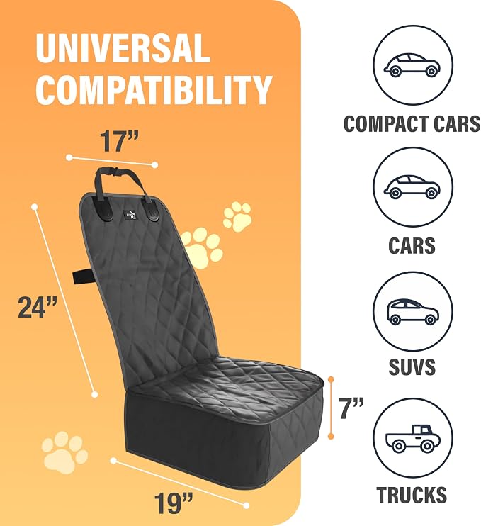 Dog Car Seat Cover, Waterproof Front Seat Protector for SUV Truck Sedan, Pet Safety Travel Comfort System with Universal Fit, Black