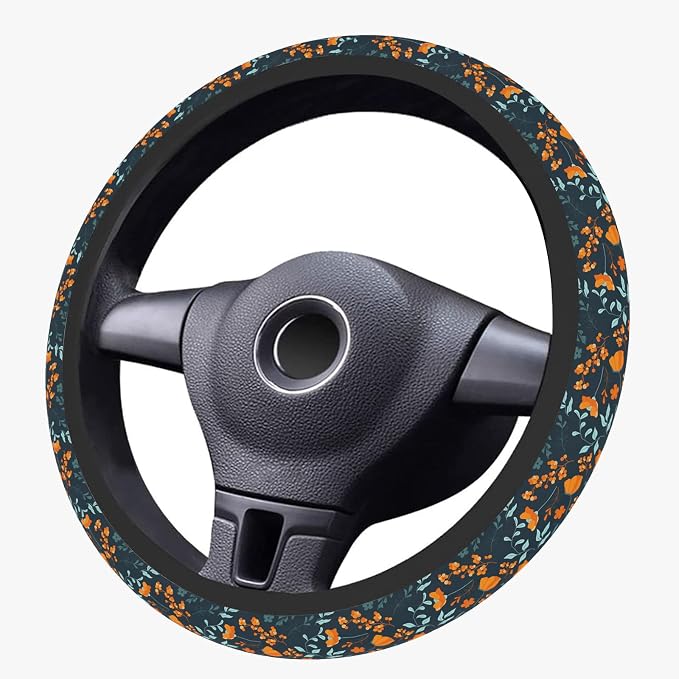 Orange Wildflowers Steering Wheel Cover, Cute Print Steering Wheel Cover Protector, Ultra Thin Breathable Non-Slip, Car Accessories for Women, for Steering Wheel with a Diameter of 14.5"-15"