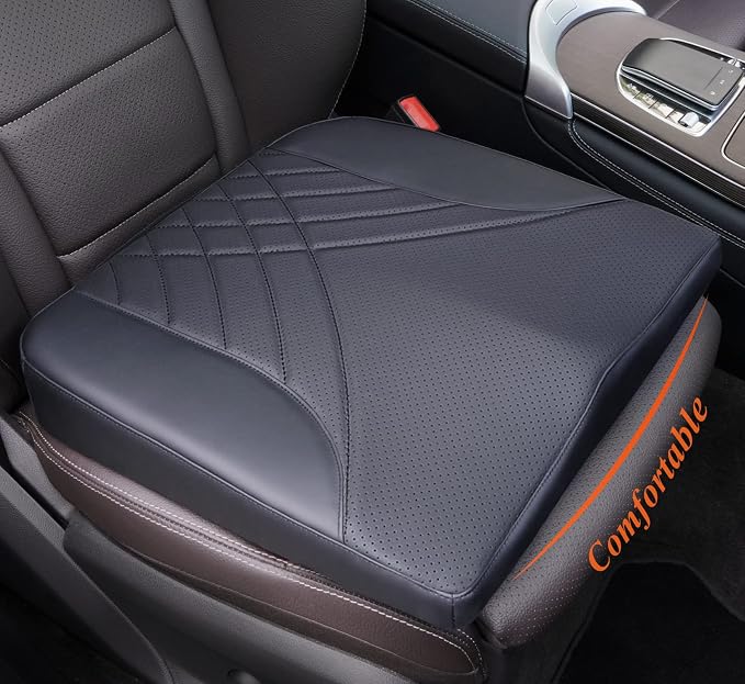 Premium Car Seat Cushion, Memory Foam Driver Seat Cushion to Improve Driving View- Coccyx & Lower Back Pain Relief - Seat Cushion for Car, Truck, Office Chair (Leather Black)