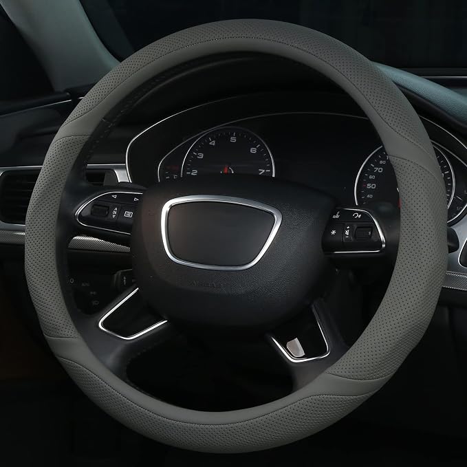 Gray Leather Steering Wheel Cover Universal 15 inch