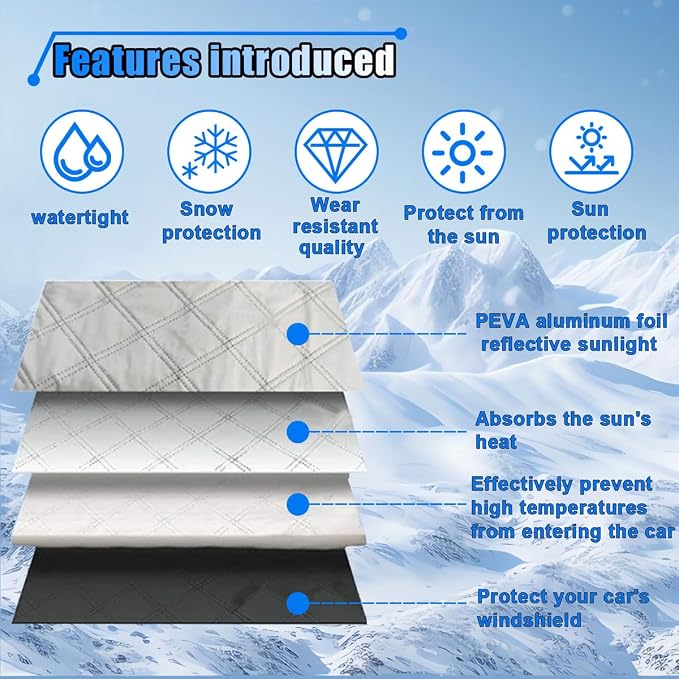 Car Windshield Snow Cover, Waterproof Car Windshield Frost Cover with Side Mirrors Protector, Windproof Winter Cover for Ice and Snow with Magnetic Edge for Car, SUV, RV and Truck