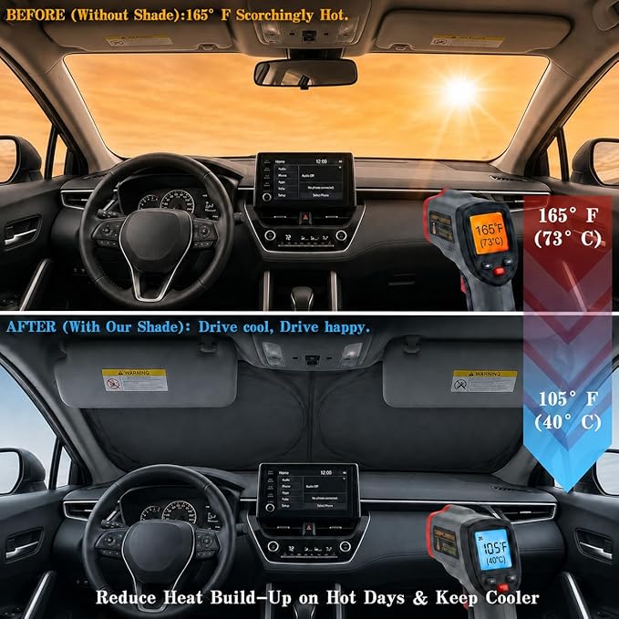 Car Windshield Sun Shade, Universal Fit Midsized Sedan SUV, Sporty Silver | 63 x 31.5" Windshield Cover, Foldable Front Window Sunshade, UV Heat Protection, Cute Eyes Series