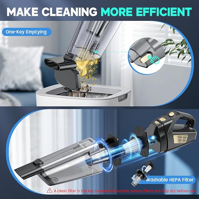 Handheld Vacuum Cordless, 15000PA Strong Suction Hand Held Car Vacuum Cleaner Portable with Multi-Nozzles & Washable Filter, Lightweight Rechargeable Vacuum Cleaner for Home, Car, Office, Pets
