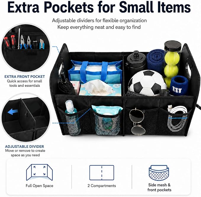 PAT SAM'S Trunk Organizer for SUV, Collapsible Car Trunk Organizer with Dividers, Waterproof 600D Oxford, Non-Slip Storage Organizer for Groceries, Tools, Travel, Truck & Car (Black)