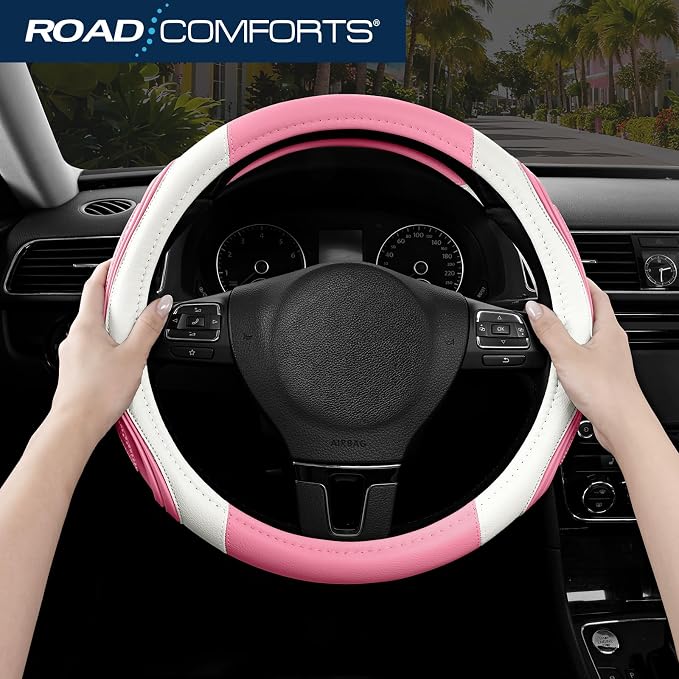 Car Steering Wheel Cover - Microfiber Leather Steering Wheel Wrap Sports 14.5-15 Inch Steering Wheel Cover Non-Slip for Men Women Pink & White Color