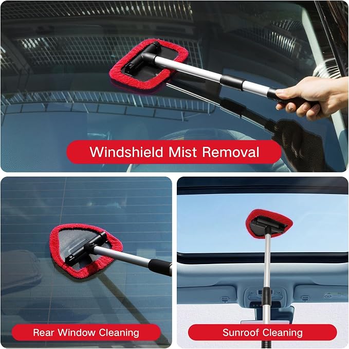 10pcs Windshield Cleaning Tool Inside Car Window Cleaner Wash Kit with 4 Reusable Microfiber Pads 1 Spray Bottle and Extendable Handle Interior Auto Glass Wiper Kit, Red