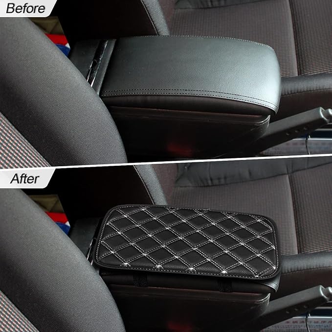 Car Leather Center Console Cushion Pad, 11.4"x7.4" Waterproof Armrest Seat Box Cover Fit for Cars, Vehicles, SUVs, Comfort, Car Interior Protection Accessories (Black/White)
