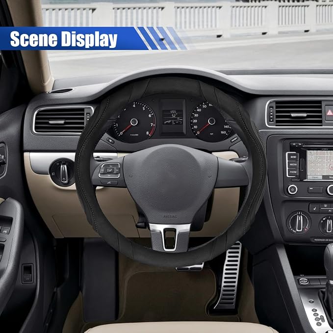 Car Steering Wheel Cover, 15 Inch Leather Anti-Slip Breathable Automotive Steering Wheel Protector, Universal Heat Resistant Vehicle Interior Accessories Cars, SUVs, Trucks(Black)
