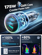 175W Super Fast Car Charger [GaN] 3-Port Car Charger USB C Fast Charge with USB-C Cable, Car Cigarette Lighter USB Charger for iPhone 17/16/15, Samsung S26/25, Pixel 10, MacBook, iPad and More