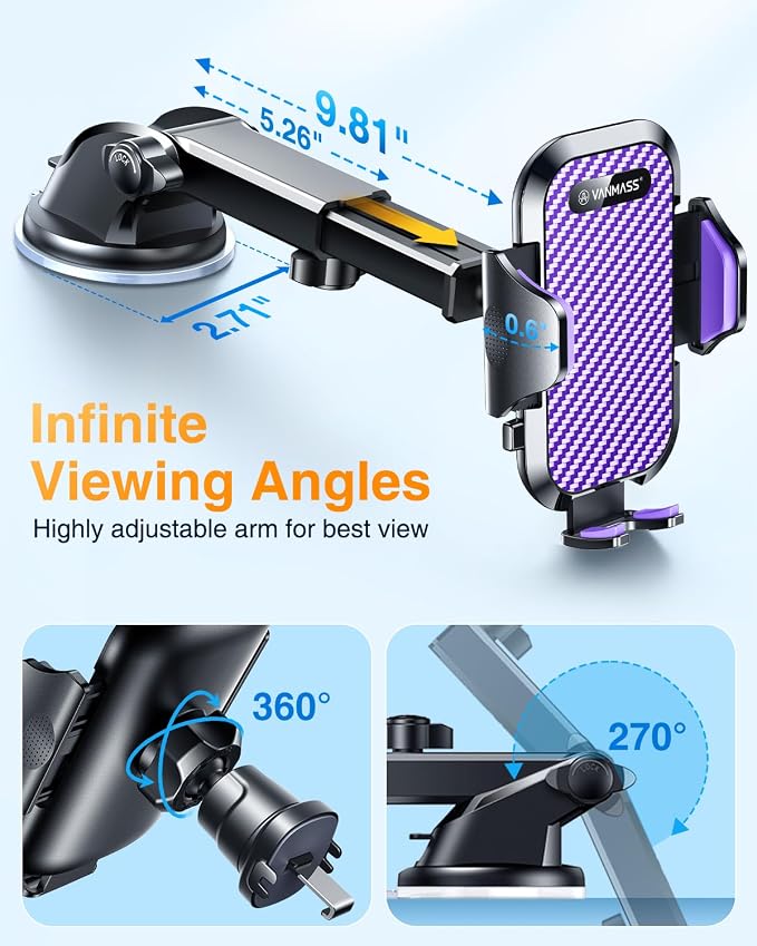 Phone Holders for Your Car 2026 Ultimate Phone Mount Military-Grade Windshield Dashboard Vent【Newest Best Strongest】 Cell Phone Car Mount for iPhone 16 Pro Max 15 Samsung Android,Purple