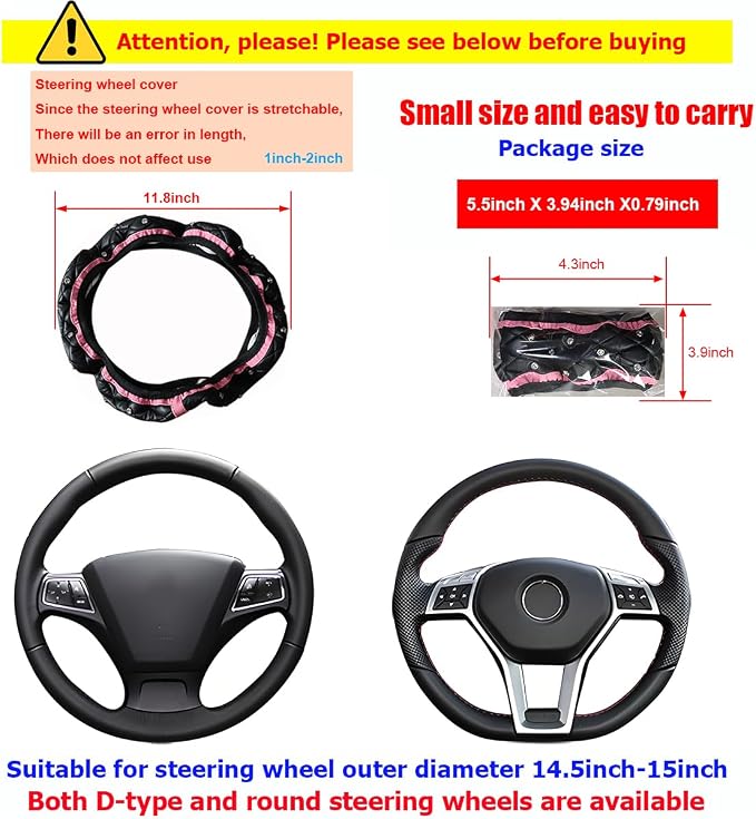 Bling Car Steering Wheel Cover, Non-Slip Elastic Stretch Leather Auto Steering Wheel Protector, Sparkling Diamond Vehicle Decor Accessories for Women Girls, Universal for Vehicles (Pink)