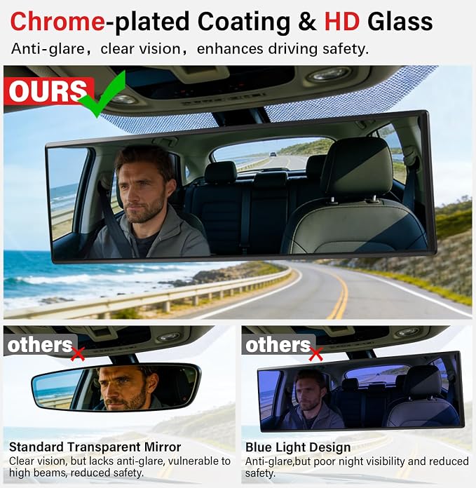 Rear View Mirror - Chrome Anti-Glare Panoramic Rearview Mirror 12 Inch Clip-On Convex Rearview Mirror, Reduces Blind Spots, HD Wide Angle,Shock Resistant for Cars, Trucks & SUVs (Light Chrome)
