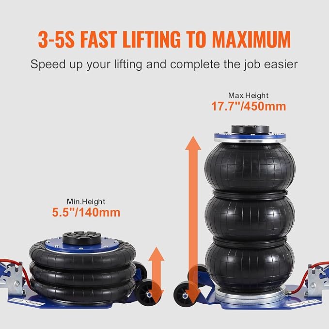 Air Jack, 3 Ton/6600 lbs Triple Bag Air Jack, Airbag Jack with Six Steel Pipes, Lift up to 17.7", 3-5 s Fast Lifting Pneumatic Jack, with Adjustable Long Handles for Cars