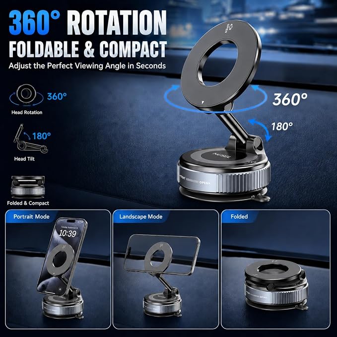 MUSEL Magnetic Car Phone Holder for MagSafe, Vacuum Mount for iPhone 17-12 | 88 lb suction hold, 2600 gf magnetic force, 22 N55 magnets, 360 degree rotation, bottom plate and ring included, dash mount