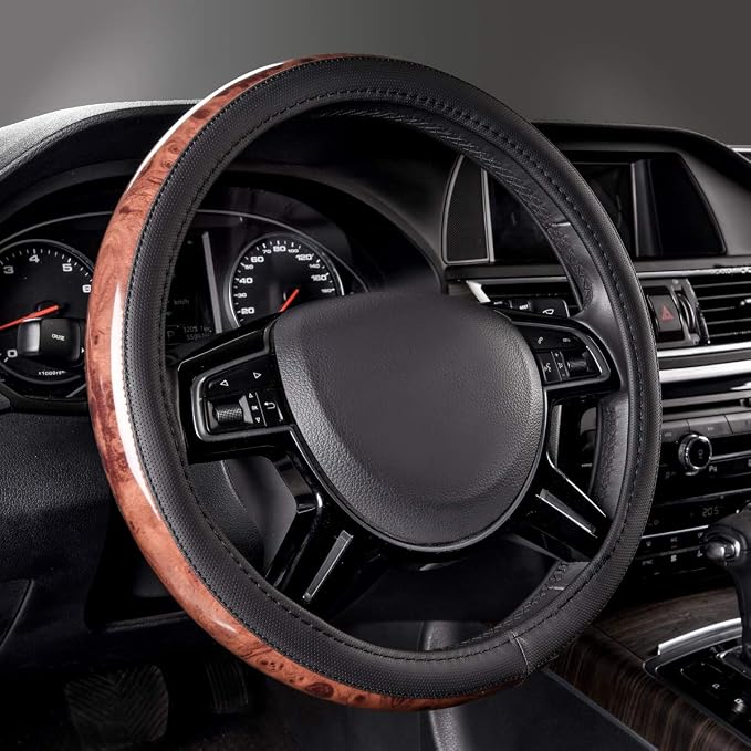 Wood Grain Microfiber Leather Steering Wheel Cover, Universal Fit for 14 1/2-15 inch Black Steering Wheel, Anti-Skip Veins Design,Cars, Suvs,Vans, Sedans (Black)