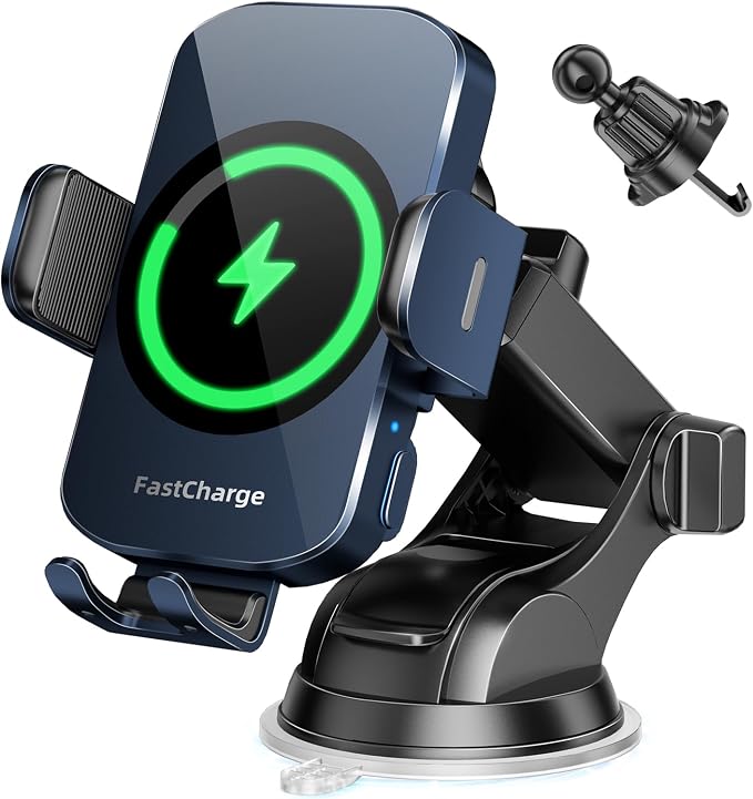 3-in-1 Wireless Car Charger Mount, 15W Fast Charging Auto-Clamping Phone Holder for iPhone 17 16 15 14, Samsung Galaxy S24 S23, Dashboard, Vent & Windshield Car Mount(Deep Blue)