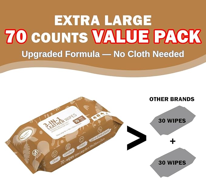 3in1 Leather Cleaner Wipes 70 Count, Extra Large 8" x 10" Size | Clean Condition Protect Wipes for Vinyl and Leather Apparel Furniture Auto Car Interior Shoes Boots Bags