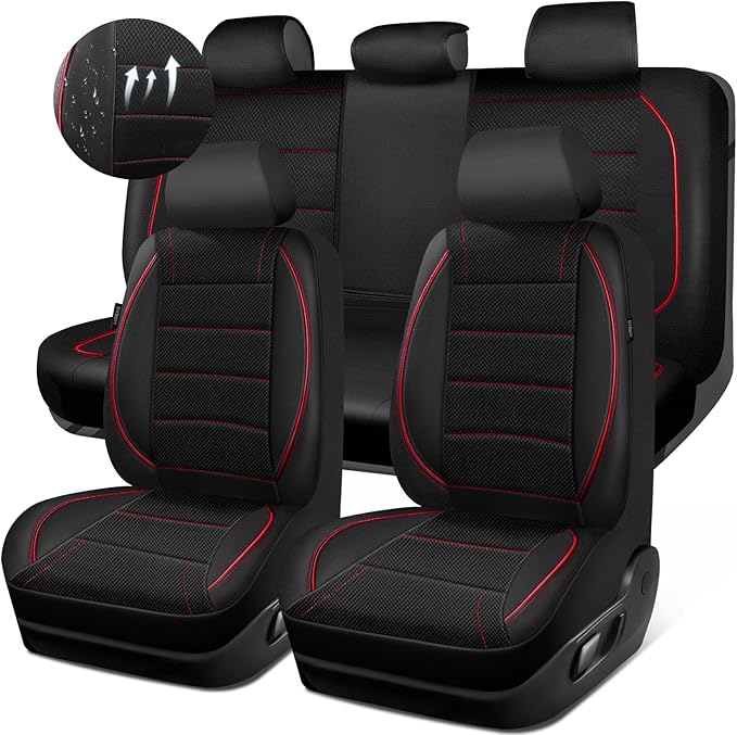 Mesh Leather Car Seat Covers Full Set,Breathable Mesh Faux Leather Seat Covers for Car, Universal Fit for SUV Truck Sedan Automotive, Airbag Compatible, Black and Red