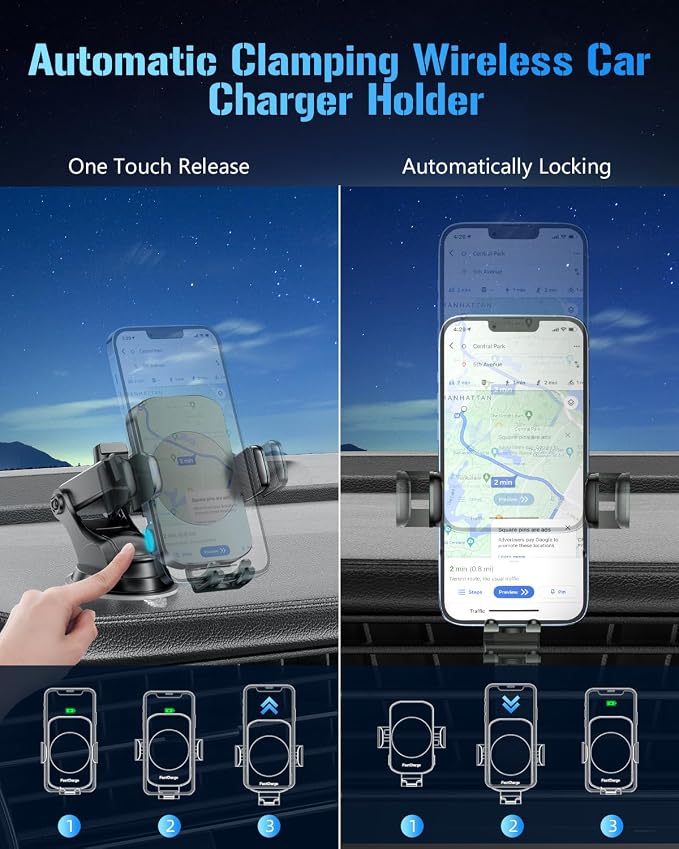 3-in-1 Wireless Car Charger Mount, 15W Fast Charging Auto-Clamping Phone Holder for iPhone 17 16 15 14, Samsung Galaxy S24 S23, Dashboard, Vent & Windshield Car Mount(Forest Green)