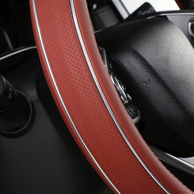Claret Leather Steering Wheel Cover Fiber Strip Car Steering Wheel Cover Universal 15 inch for Women Girls