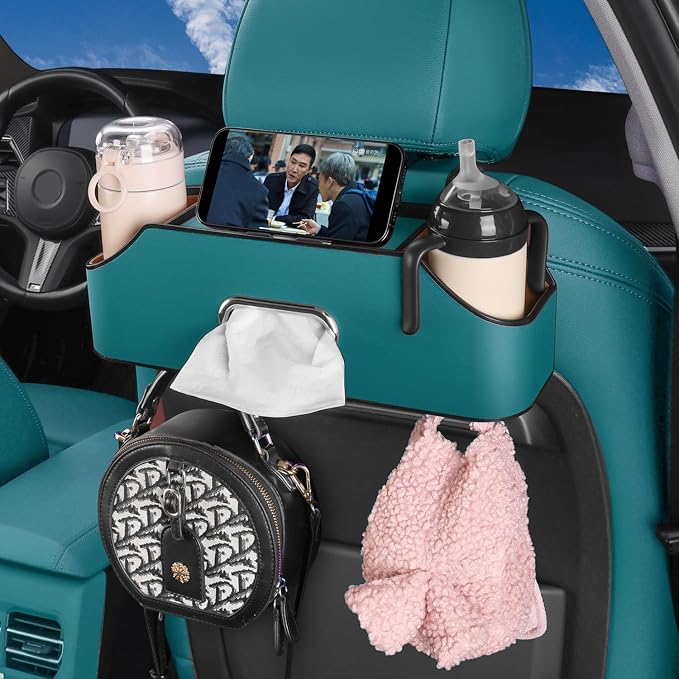 Car Back Seat Organizer with 2 Drink Cup Holder - Tissue Box and Storage Box Hook - Multi-functional Storage - Great for Kids and Travel (Blue)