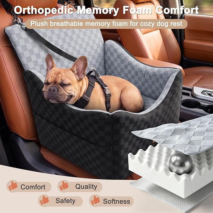 Elevated Dog Car Seat for Small/Medium Dogs up to 35 lbs, Memory Foam Booster Seat with Detachable Washable Cover, Travel-Safe Car Bed with Safety Belts & Storage Pockets, Grey