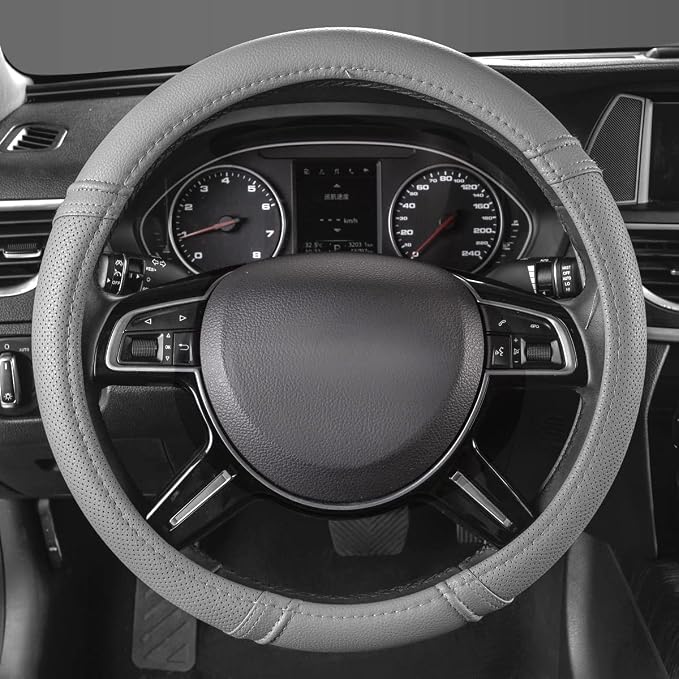 Classical Leather Automotive Universal Steering Wheel Covers,Universal Fit for Suvs,Trucks,Sedans,Cars,Vans,14.5-15inch Anti-Slip Safety Comfortable Desgin(Gray)