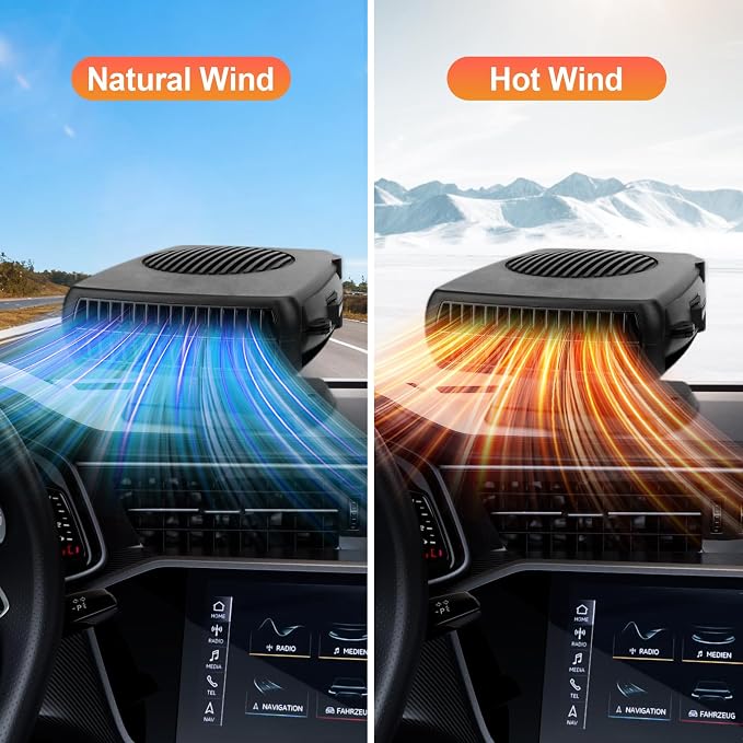 Car Heater 12V, 2 in 1 Portable Car Heater for Vehicle Fast Heating Quickly Defrost Defogger Demister Heat Cooling Fan Auto Dryer Windshield Defroster Plug in Cigarette Lighter (Black)