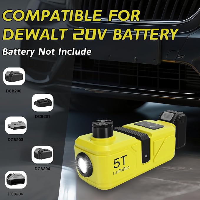 Cordless Electric Car Jack Kit for Dewalt 20V Battery, Cordless Remote Control 5 Ton Hydraulic Car Jack with LED Light for Sedan, SUV,MPV,Truck (NO Battery