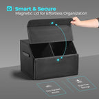 Car Trunk Organizer for SUV and Sedan, Black, 16.5 inches | Leather Storage Box, Magnetic Lid, Collapsible and Adjustable, Water‑Resistant & Dust‑Proof