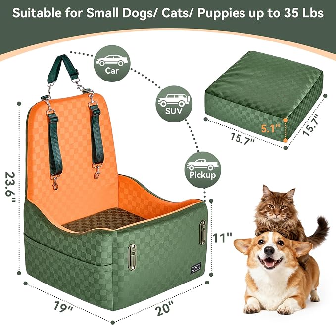 Dog Car Seat for Small/Medium Dogs Up to 35 lbs – Patented Safety System, 5" Memory Foam Pet Car Seat, Fully Detachable and Washable Cover, Front/Back Seat Travel Booster (Green & Orange)