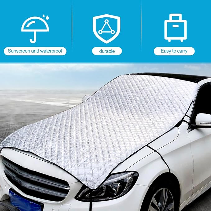 Car Front Windshield Snow Cover for Ice and Snow, Windshield Engine Hood Rear-View Mirror Protection Heat Insulation Half Cover, Essential Winter Car Accessories, Universal for Most Cars (Silver)