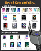 Retractable Car Charger,66W 4 in 1 iPhone 16 15 Car Charger Adapter with 2 Retractable iPhone ChargerCables(USB C & Lightning),2 USB Ports(USB C & USB A) for iPhone 16 15 14 13 12 11,iPad Pro Air Mini