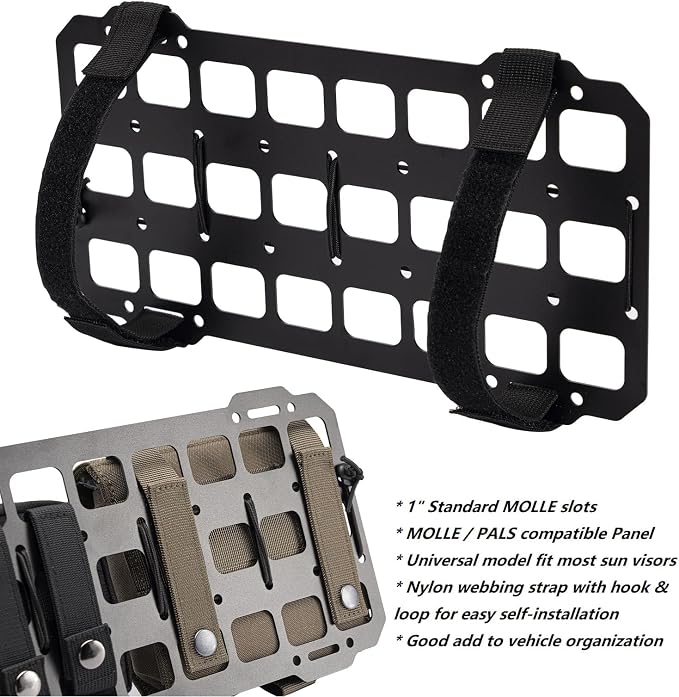 Car Sun Visor Organizer Vehicle Rigid MOLLE Panel Tactical Gear Rack EDC Pouch Tool Holster Bag Holder Visor Cover Truck Equipment Mount Plate Modular Storage Shelf Auto Accessories