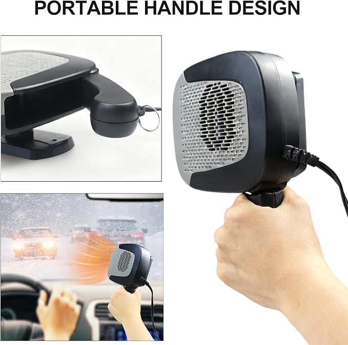 Car Heater With Handle,2IN1 Heating & Cooling, 12V 150W Portable Fast Heating Auto Windshield Defogger Defroster 360 Degree Rotary Automobile Windscreen Heater Plug into Cigarette Lighter