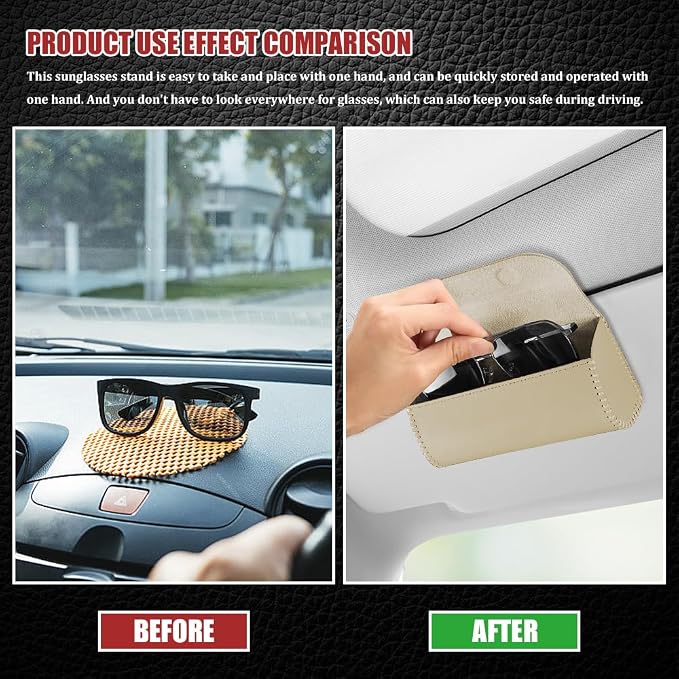 Sunglasses Holder for Car Sun Visor, Leather Auto Eyeglasses Storage Case with Hidden Magnetic Closure, Universal Protective Glasses Organizer Box, Visor Accessories for Woman Man (Beige)