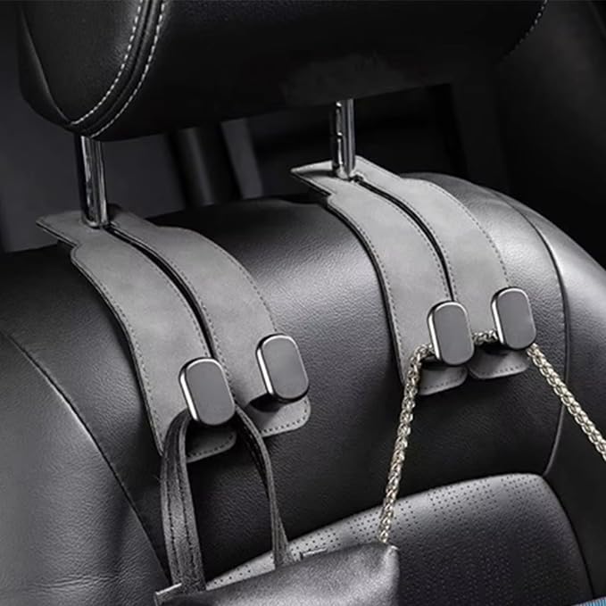 2 Pack Leather Car Headrest Hooks Grey Purse Bag Storage Holders for Car Seats