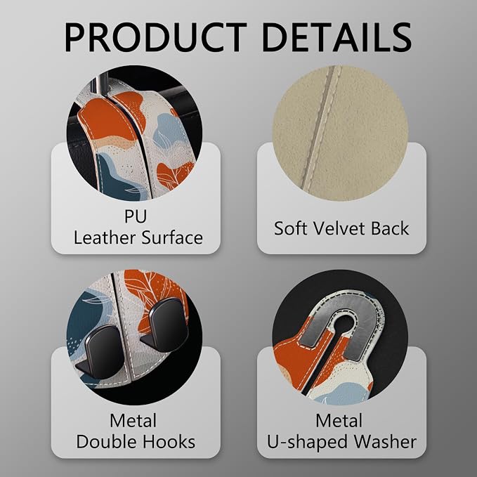 2PCS Car Seat Back Storage Headrest Hooks, Abstract Leaves Purse Holder Bags Hanger, PU Leather Double Metal Hook for Backseat Organizer, Women Car Accessories Organization