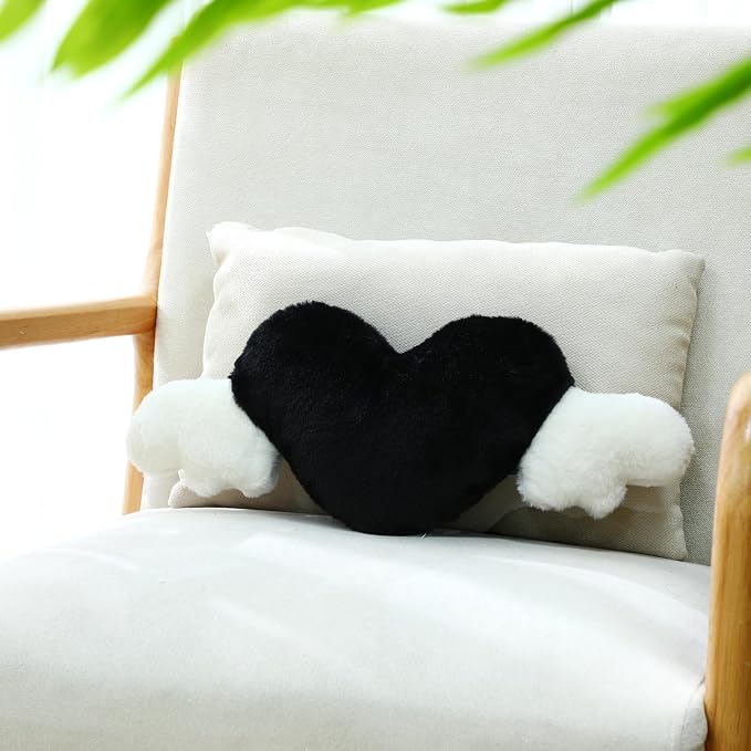 2 Pcs Plush Heart Shaped Pillow with Angel Wings Car Headrest Soft Comfortable Seat Pillow for Driving Travelling Room Office Car Decor, 19.7 x 8.3 Inch(Black)