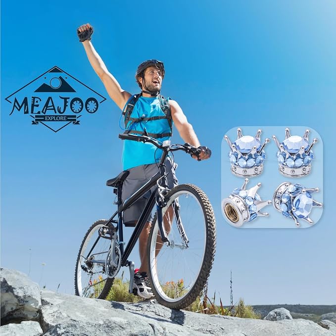 4PCS Crown Bling Tire Stem Valve Caps, Crystal Diamond Car Wheel Tire Valve Caps Universal Copper Core Stem Covers for Cars, SUV, Trucks, Bikes, Motorcycles, Bicycles (Silver & Blue)